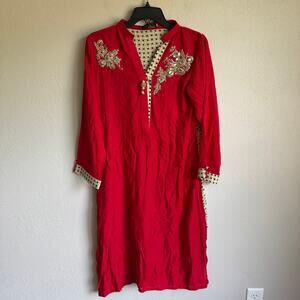 Agha Noor Designer Red Black Tan Color Block Beaded Accent V-Neck Kurta Womens S